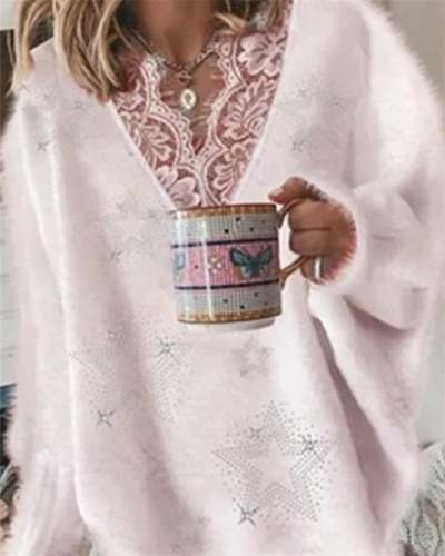 Early Autumn Women's Lace V-neck Long-sleeved Sweater