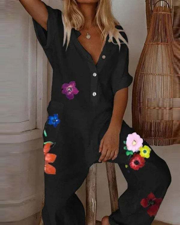 Women Fashion Black Wide Leg Flower Print Jumpsuit