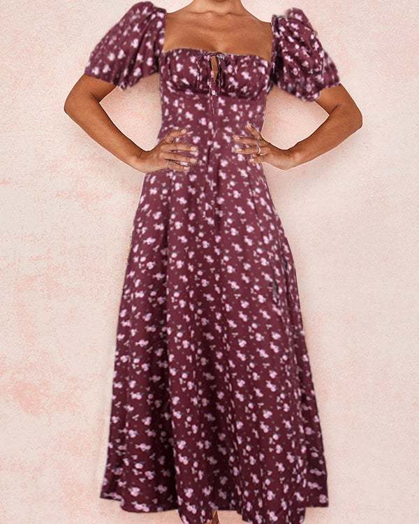 Fashionable Puff Sleeve Floral High-fork Dress