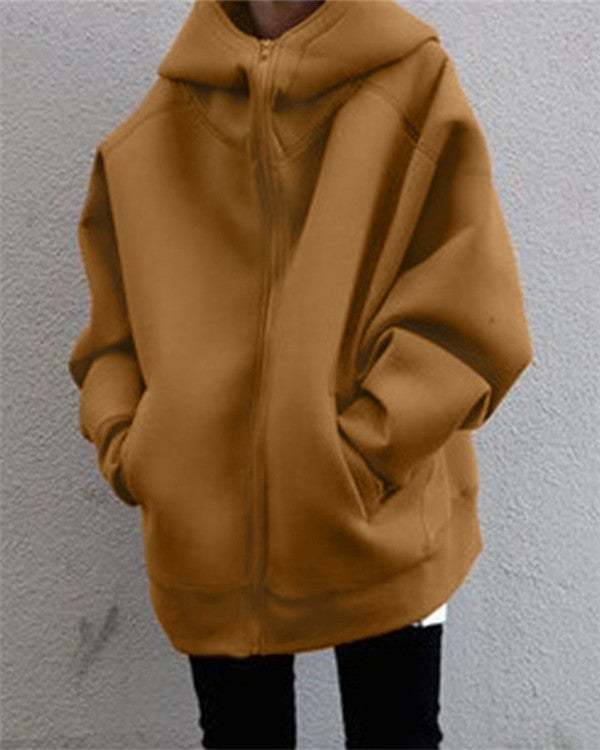Zipper Hooded Long Pocket Plus Fleece Sweater Coat