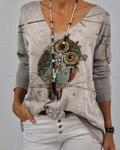 Women's Casual Owl Print Crew Neck Tops S-4XL