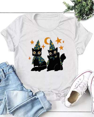 Black Wizard Cats Casual T-shirt