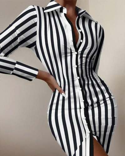 Black White Stripe Fashion Long-sleeved Button Slit Bodycon Dress
