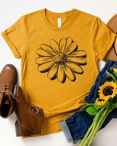 Women Sunflower Print Casual T-shirts