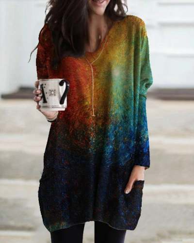 Women Colorful Ombre Tie Dye Pocket Long Sleeve Casual T-shirt