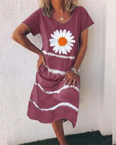 Women Flower Stripe V Neck Short Sleeve Midi Dress