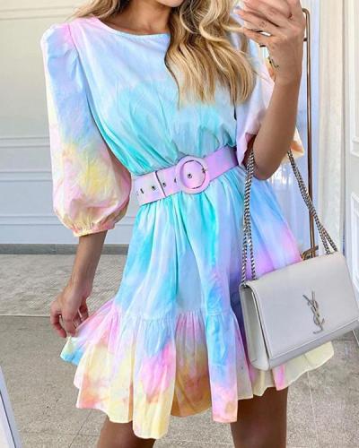 Tie Dye Print Puff Sleeve Round Neck Summer Dress