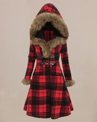 Hooded Fur Plaid Wool Midi Coat