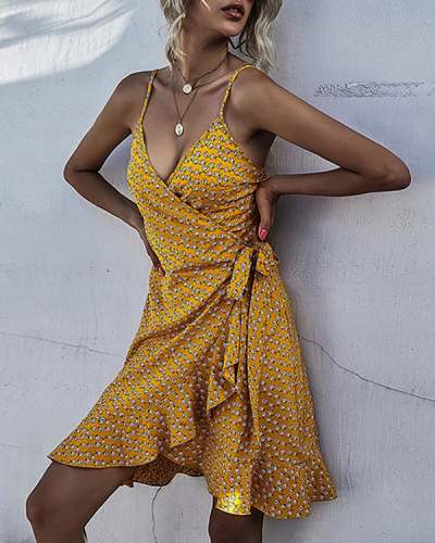 Summer New Printed Irregular Ruffled Sling Dress