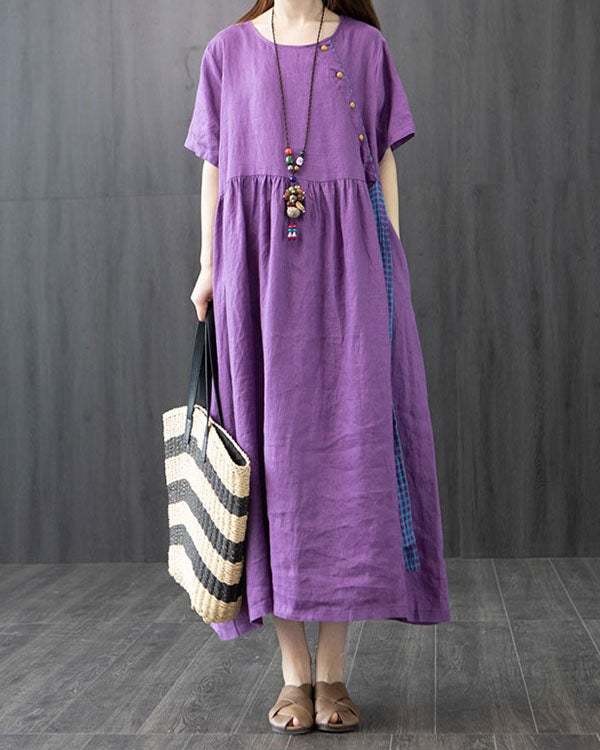 Cotton and Linen Dress Summer Loose Large Size Stitching Casual Maxi Dress