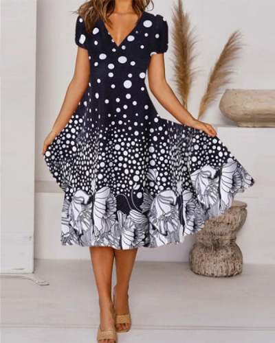 Elegant Floral Dot Print Tunic V-Neckline Midi A-line Dress