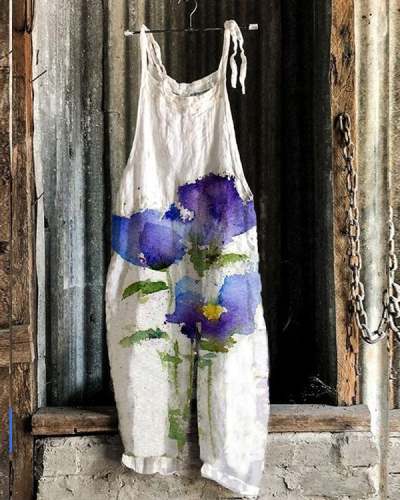 Women Purple Flower Print Comfy Linen Jumpsuits