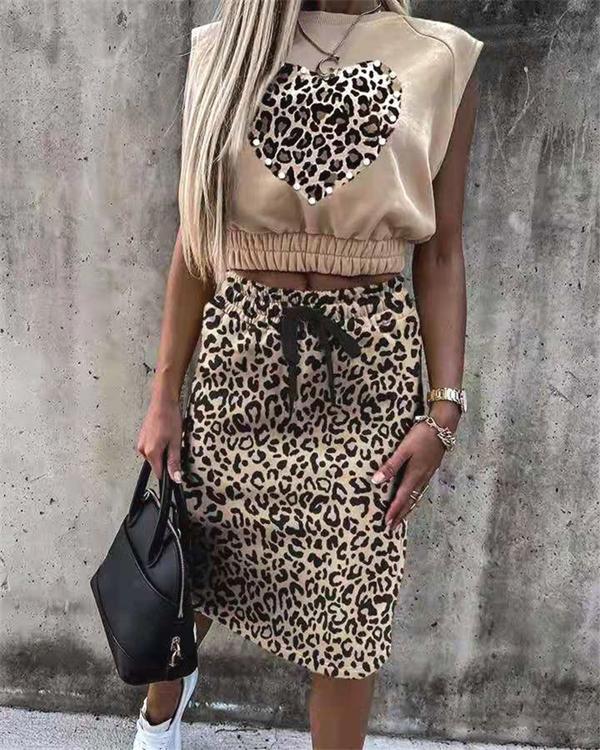 Leopard Print Sleeveless Top & Skirt Set