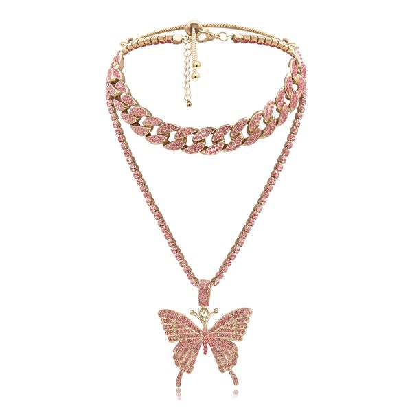 2PCS Butterfly Pendant Studded Charm Necklace