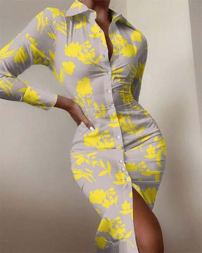 Sexy Flower Leaves Print Long-sleeved Button Slit Bodycon Dress