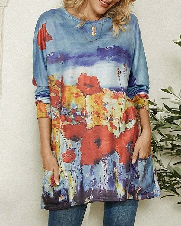 Floral Print Pocket Long Sleeve Casual T-shirt for Women