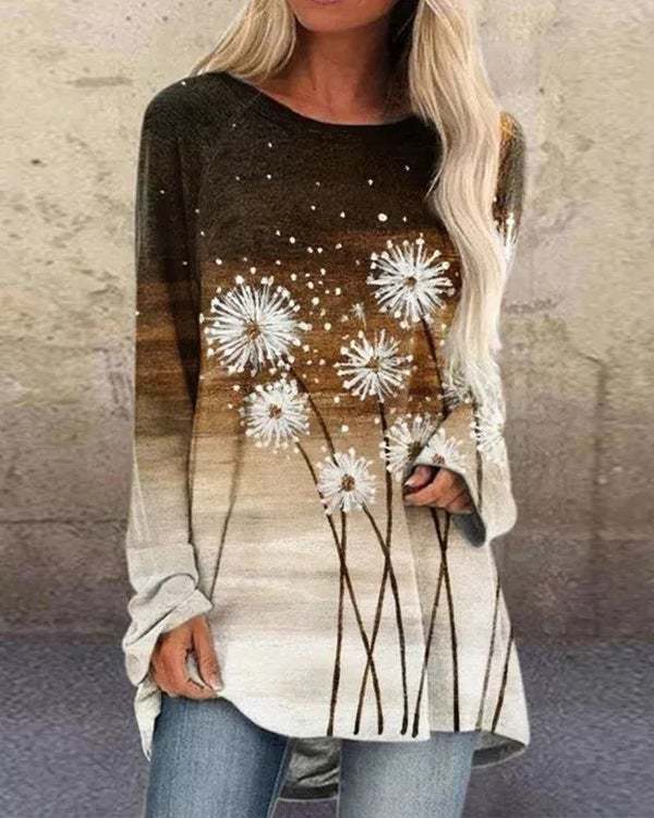 Floral Print Ombre Long Sleeve O-neck Casual T-shirt for Women