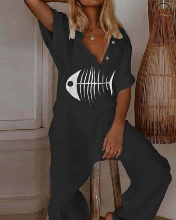 Women Linen Short Sleeve Fish Bone Print Casual Jumpsuit