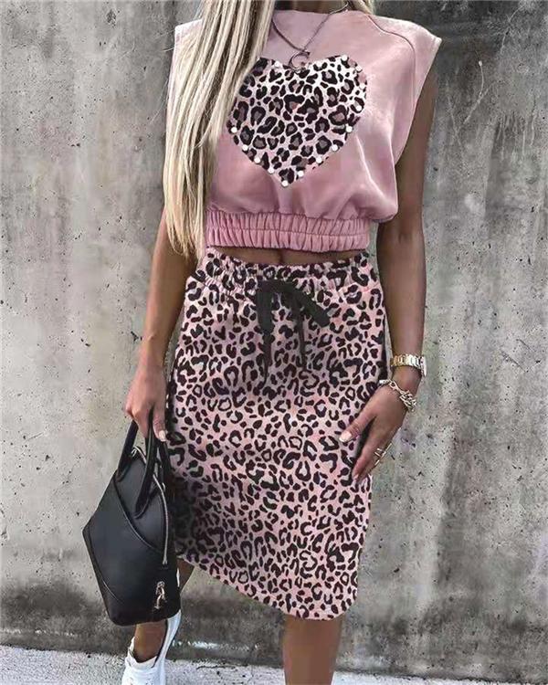 Leopard Print Sleeveless Top & Skirt Set
