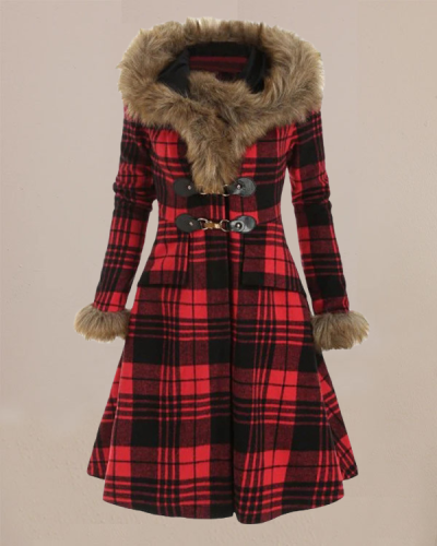 Hooded Fur Plaid Wool Midi Coat