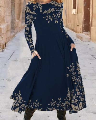 Women's Casual Floral Print Crew Neck Long Sleeves Maxi Dress S-5XL