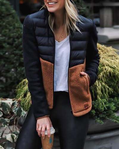 Fleece Patchwork Contrast Color Slim-Fit Cotton Jacket