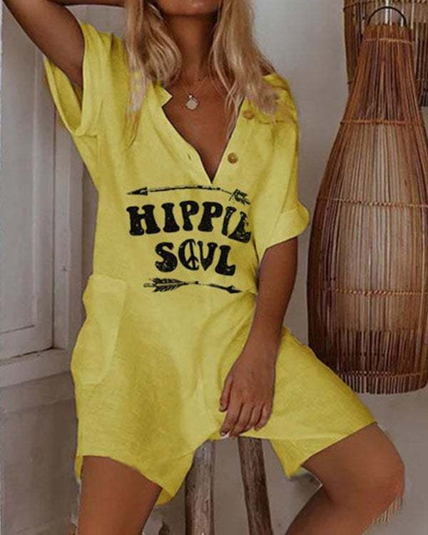 Hippie Soul Print Loose Fit Linen Rompers with Pockets