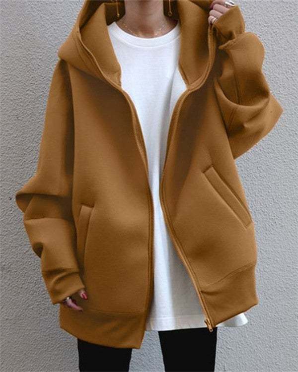 Zipper Hooded Long Pocket Plus Fleece Sweater Coat
