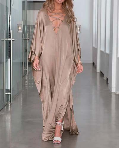 Solid Color Flowy Floor Length Plunging Neckline Beach Dress Cover Up
