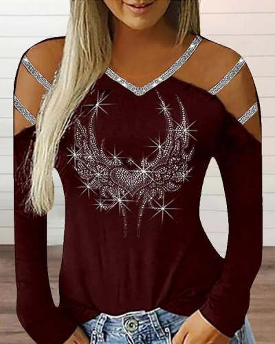 Sequins Cold Shoulder V Neck Long Sleeves Casual Sexy Blouses