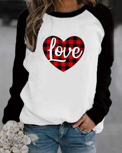 Love Letter in Heart Shaped Print Long Sleeves Color Block T-shirt
