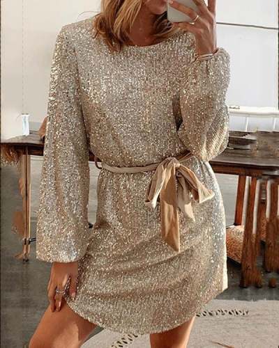 Women  Slim-fit Lantern Sleeve Round Neck Belt Sequin Dress Gown S-XL