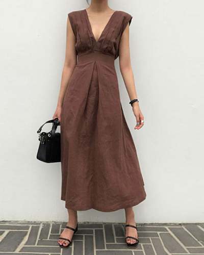 Solid Sleeveless Deep V Neck Fit&Flare Linen Maxi Dresses