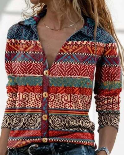 Color Block Casual V-Neckline Long Sleeve Blouses