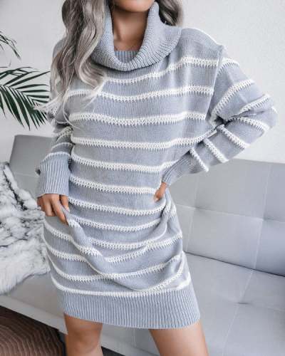 Casual High Neck Striped Knitted Sweater Dress