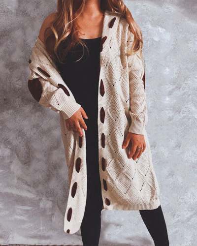 Suede Stitching Knitted Long Hooded Sweater Cardigan