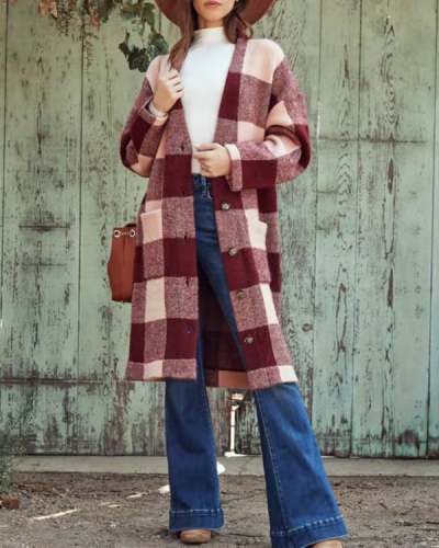 Fashion Loose Long Woolen Plaid Coat
