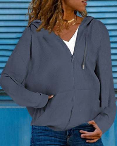 Women All-match Solid Pocket Drawstring Hooded Cardigan with Zipper
