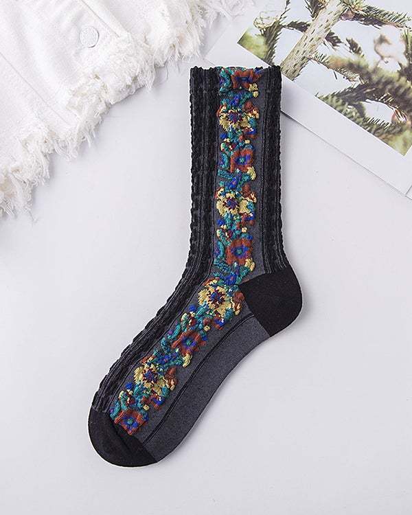 Women Retro Hemp Pattern Floral Socks