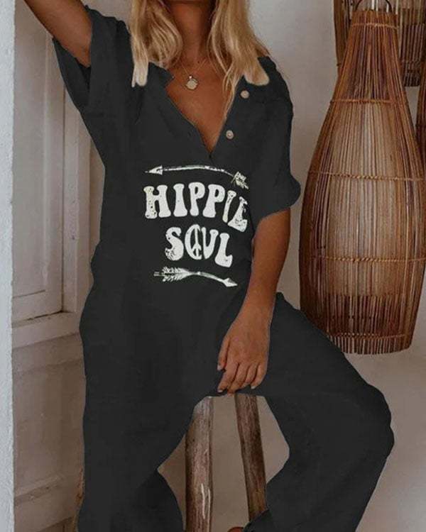 Hippie Soul Print Wide Leg Jumpsuit Button V-neck Bodysuit with Pockets