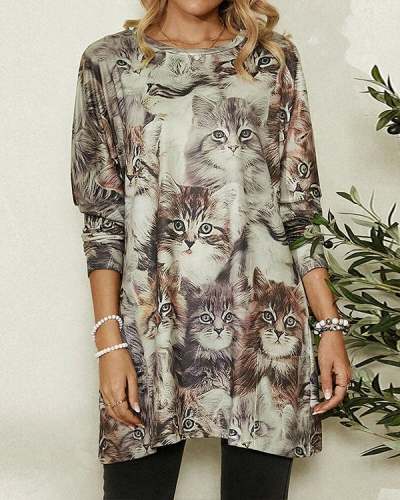 Cute Cat Print Long Sleeve Casual Pocket Blouse for Women