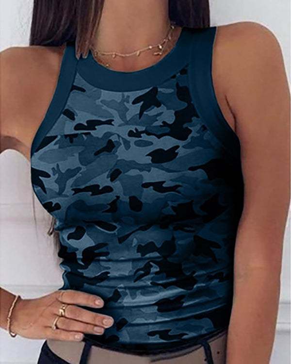 Chic Girls Camouflage Printed Sleeveless Round Neck Slim Fit Tank Top