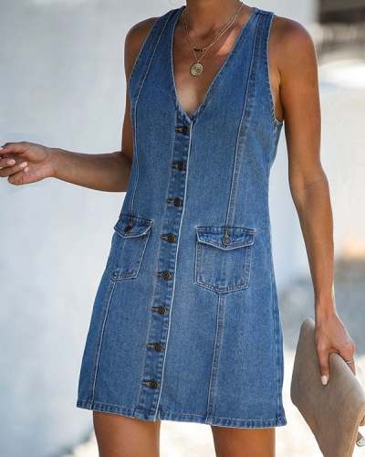 Casual Solid Denim V Neck Button up Tank Dress