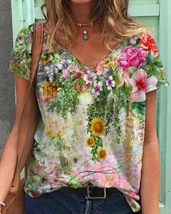 Women Casual Shift Colorful Flower Painting V Neck T-shirt