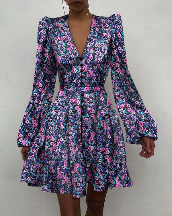 Printed Puff Sleeve Ruched Button Front Dress