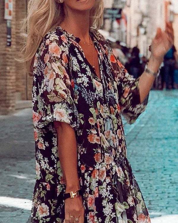 Women V-neck Tie Print Dress
