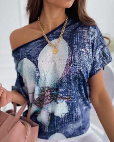 Four Colors Round Neck Daily Pattern T-shirt