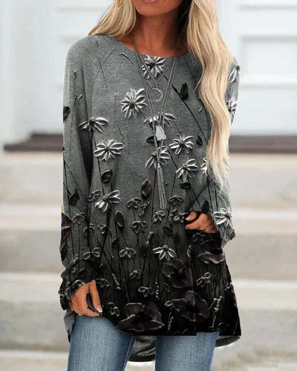 Floral Print Ombre Long Sleeve Casual Shirts&Tops