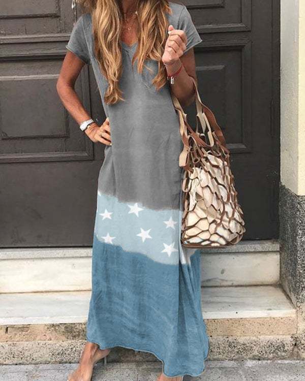 Short Sleeve V Neck Star Printed Maxi Dresses