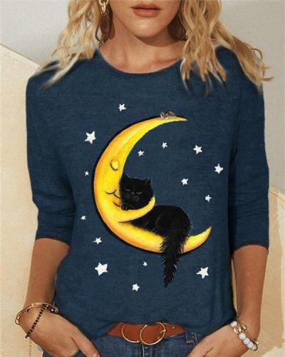 Cats Print Long Sleeve Casual Crew Neck T-Shirts & Tops